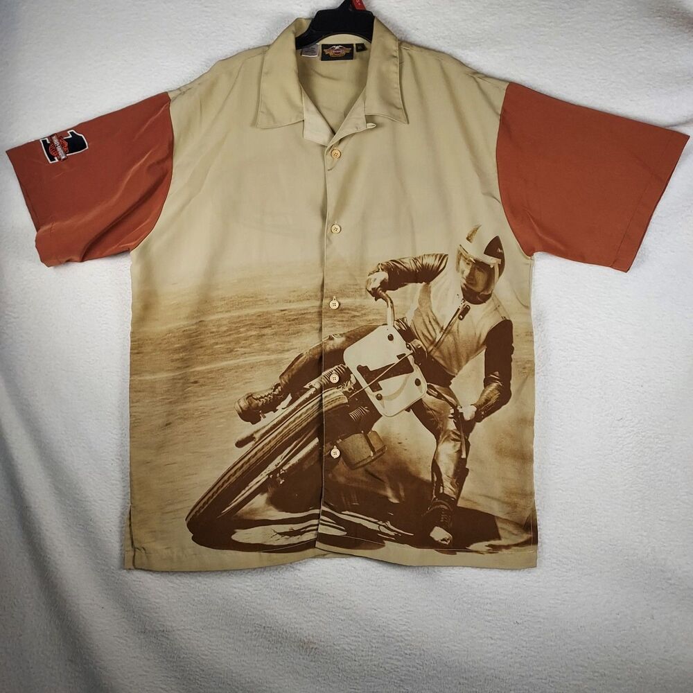 Harley Davidson MotorClothes Flat Track Camp Shirt Mens XL Tan Orange H-D